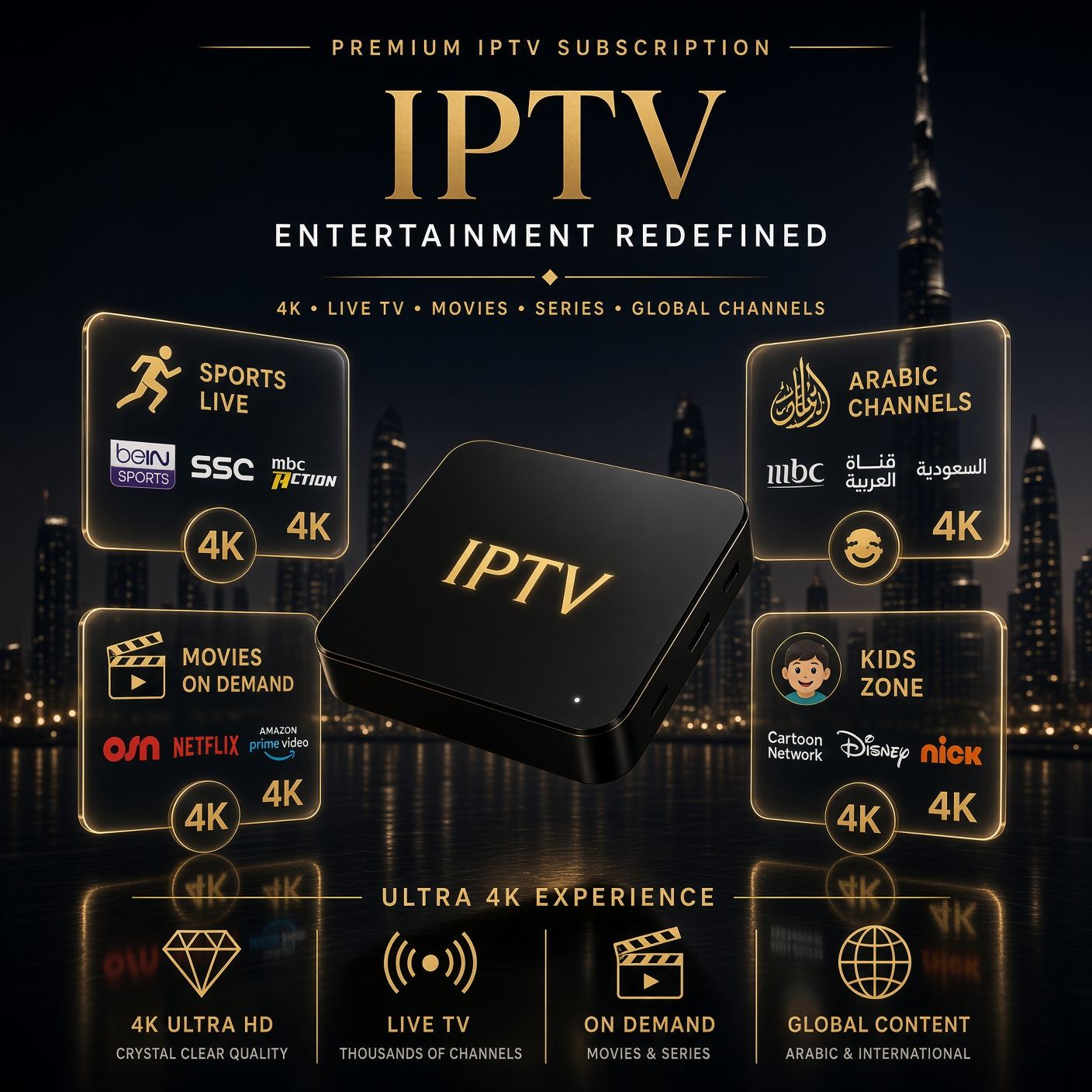 IPTV Box Dubai - premium IPTV box with 4K live TV, sports, Arabic channels and movies on demand over the Dubai skyline
