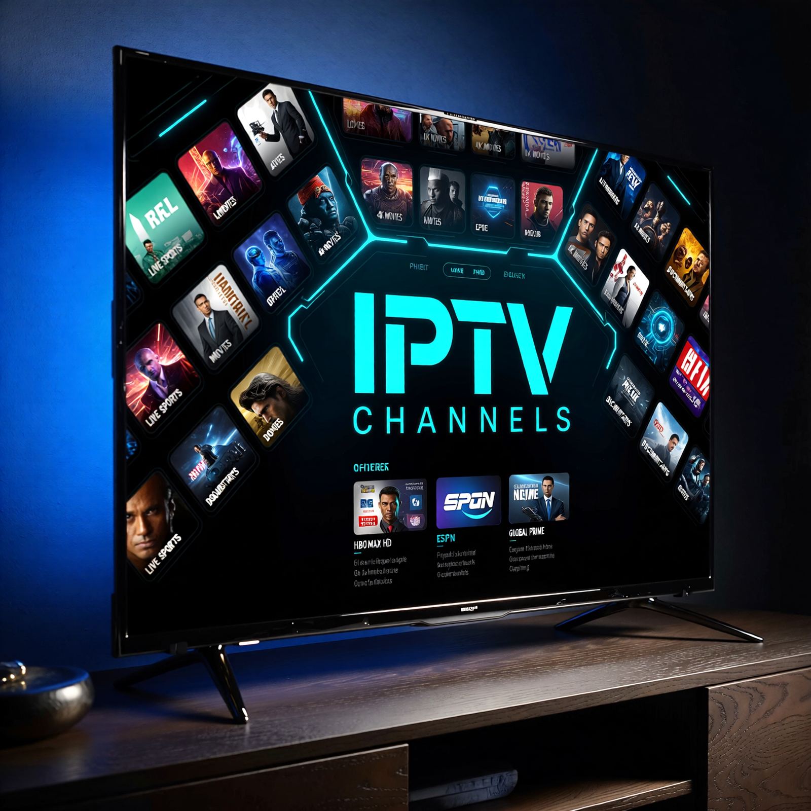 IPTV Channels Dubai - TV screen showing an IPTV channels guide with live TV, sports and global channels