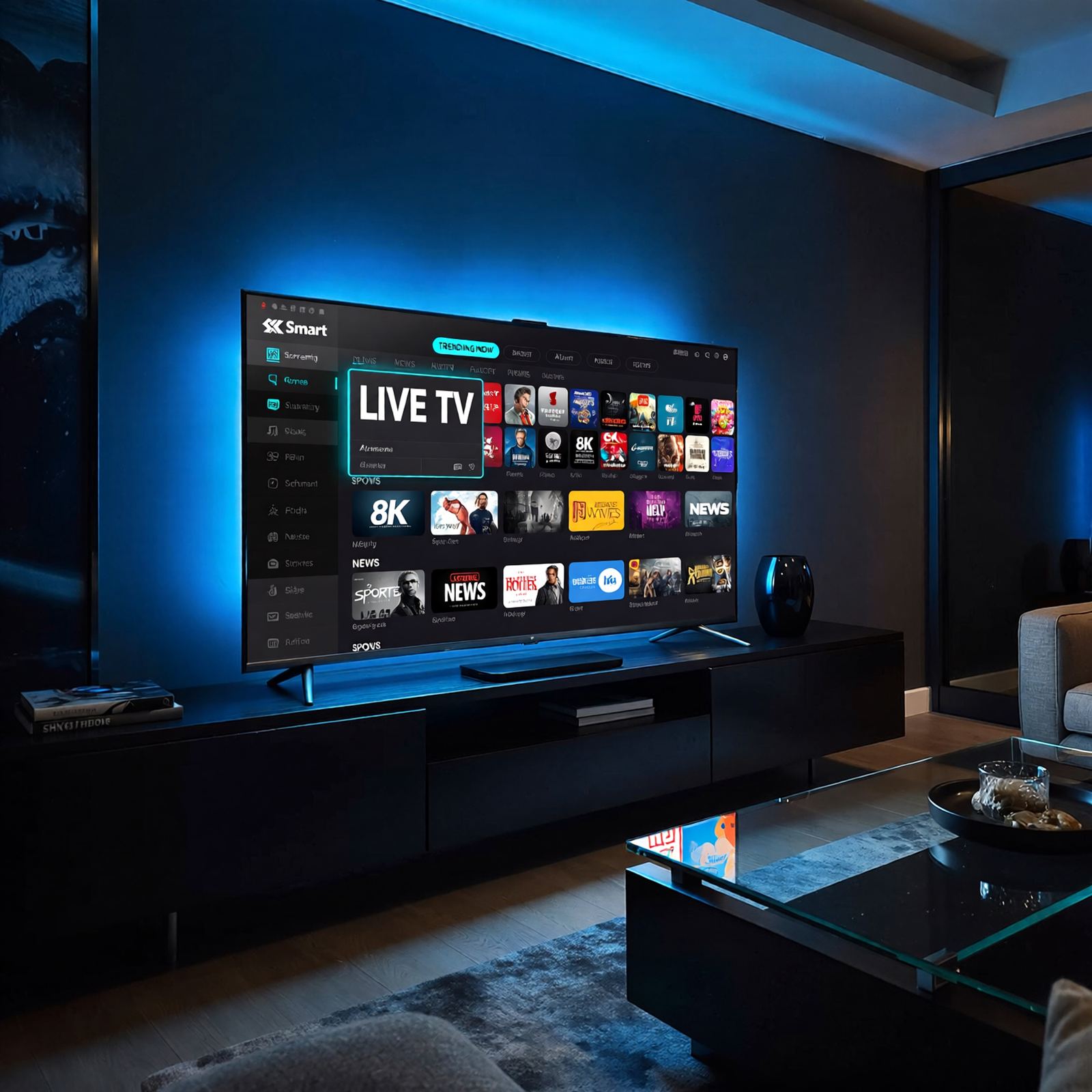 IPTV Package Dubai - Smart TV showing a Live TV IPTV menu in a modern Dubai living room with blue backlight