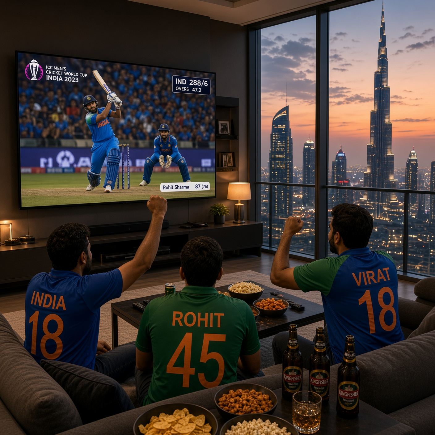 Live Sports IPTV Dubai - friends watching a live cricket match on a big TV with the Dubai skyline in the background