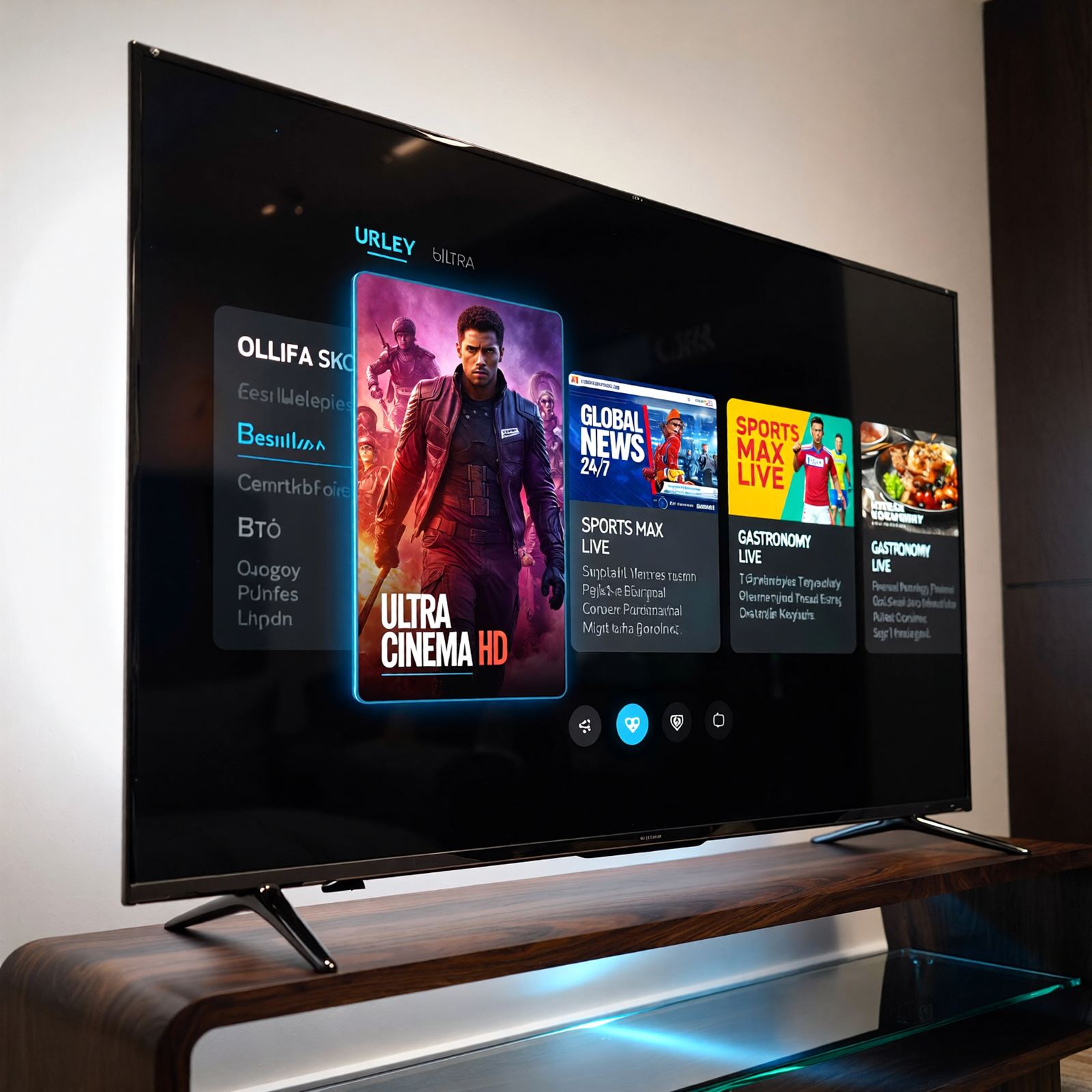 Movies On Demand on Ultra HD IPTV - TV on a wooden stand displaying a streaming movie library