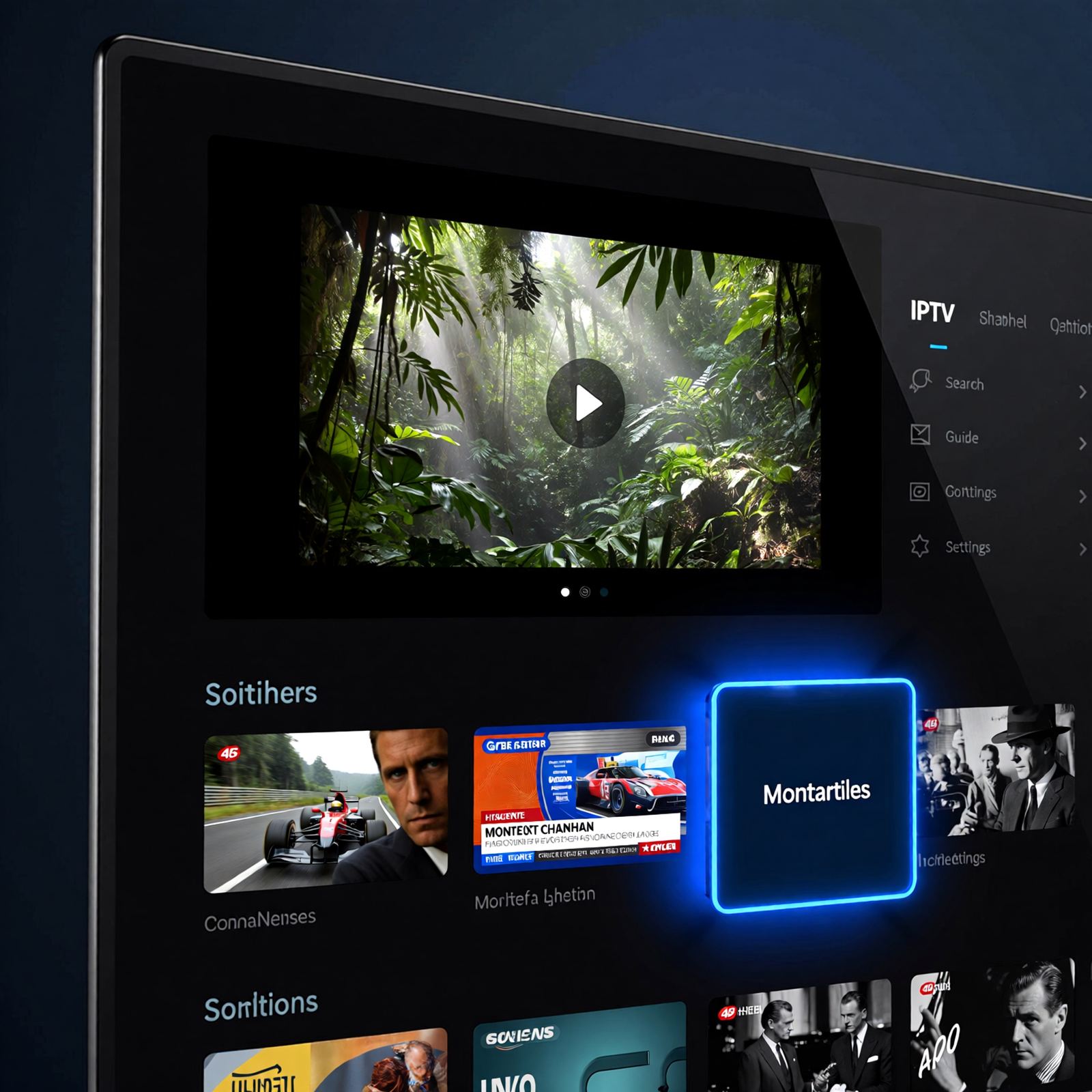 Smart TV IPTV Dubai - close-up of an IPTV app menu on a smart TV with on-demand video preview
